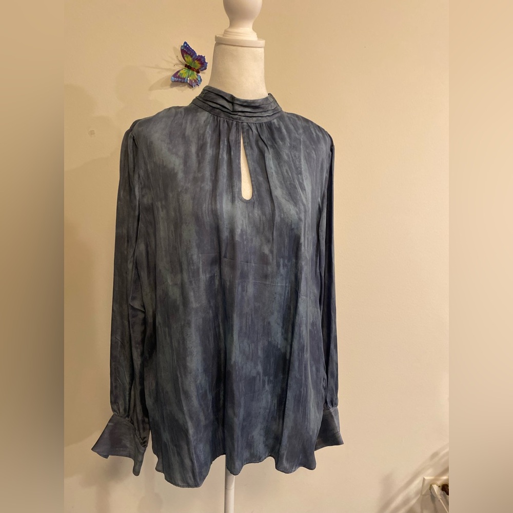 WHBM Elegant Blue Satin Mock Neck Women's Blouse size 12 - Picture 3 of 10